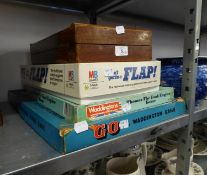 BACKGAMMON AND CHESS BOX WITH THREE OLD BOARD GAMES (4)