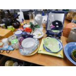 CARLTON WARE LEAF DISH, 3 FREE STANDING TOILET MIRRORS AND OTHER MINOR DECORATIVE SUNDRIES VARIOUS