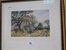 A PASTEL DRAWING OF A COUNTRY LANE WITH TREES AND GATE IN THE DISTANCE, BY GEORGE ANDERSON- SHORT (