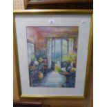 MARGARET EVANS FISHER (TWENTIETH/ TWENTY FIRST CENTURY) WATERCOLOUR ?The Crimson Room?, interior