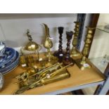 *A PAIR OF BRASS CANDLESTICKS, A PAIR OF OAK SPIRAL CANDLE STICKS AND A QUANTITY OF BRASSWARES
