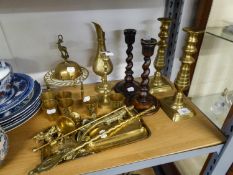 *A PAIR OF BRASS CANDLESTICKS, A PAIR OF OAK SPIRAL CANDLE STICKS AND A QUANTITY OF BRASSWARES