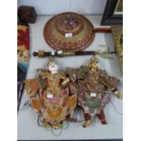 TWO THAI STRING PUPPETS, IN ELABORATE GOLD THREAD DECORATED COSTUMES, WOOD AND BRASS ELEPHANT ROD,