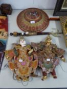 TWO THAI STRING PUPPETS, IN ELABORATE GOLD THREAD DECORATED COSTUMES, WOOD AND BRASS ELEPHANT ROD,