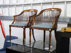 A PAIR OF EDWARDIAN MAHOGANY SMALL TUB SHAPED ARMCHAIRS WITH MULTI RAIL BACKS