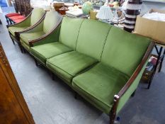 A TWENTIETH CENTURY FRAMED BERGERE SUITE OF 3 PIECES, VIZ SETTEE AND TWO ARMCHAIRS, UPHOLSTERED IN