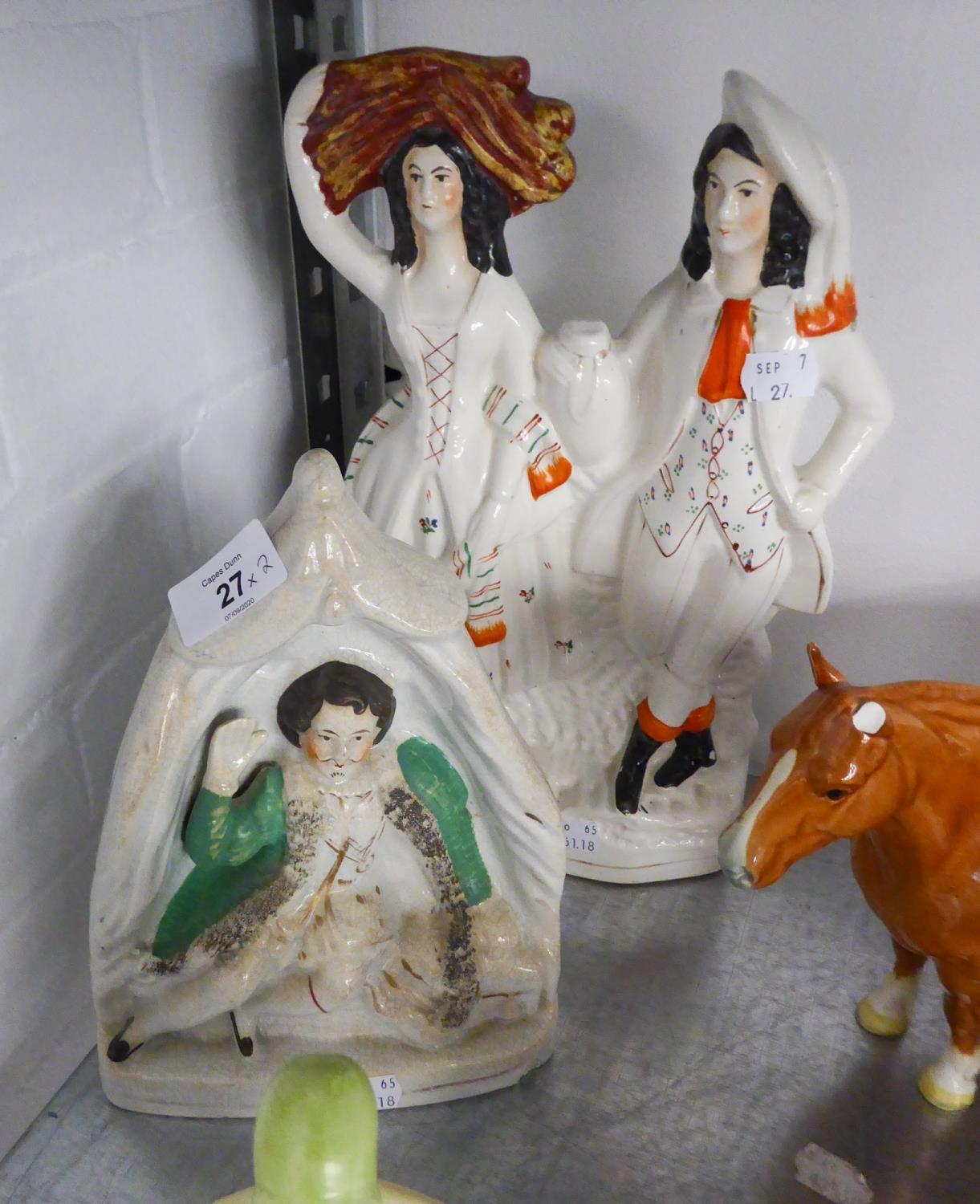 19TH CENTURY STAFFORDSHIRE POTTERY FLAT BACK GROUP OF TWO FIGURES, SHE WITH A WHEATSHEAF ON HER HEAD