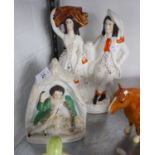 19TH CENTURY STAFFORDSHIRE POTTERY FLAT BACK GROUP OF TWO FIGURES, SHE WITH A WHEATSHEAF ON HER HEAD