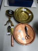 A PAIR OF VICTORIAN STEEL SCISSOR PATTERN CANDLE SNUFFERS, A CIRCULAR COPPER TRAY, 7 1/4"