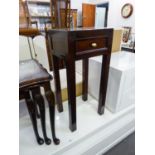 A MAHOGANY SMALL RECTANGULAR HALL TABLE WITH A DRAWER, ON FOUR STRAIGHT LEGS, 14? WIDE