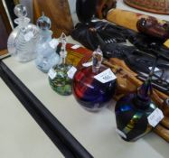 FIVE VARIOUS GLASS PERFUME BOTTLES AND STOPPERS (5)
