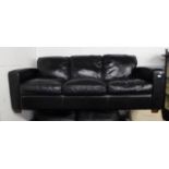 BLACK LEATHER THREE SEATER SOFA, WITH FITTED CUSHIONS