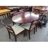 GOOD QUALITY MAHOGANY OVAL DINING TABLE ON FOUR SPUR BASE AND A SET OF SIX DINING CHAIRS ON TAPERING