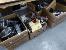 FOUR BOXES OF KITCHENALIA TO INCLUDE; STAINLESS STEEL POTS AND PANS, SCALES, FLASK, OVENWARES,