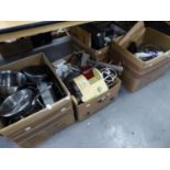 FOUR BOXES OF KITCHENALIA TO INCLUDE; STAINLESS STEEL POTS AND PANS, SCALES, FLASK, OVENWARES,