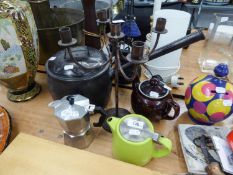 GREEN GLAZED AND CHROME LID 'FOR LIFE' TEAPOT, TWO OTHERS AND A LARGE BLACK CAULDRON (4)