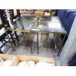 A PAIR OF BRASS FRAMED OBLONG COFFEE TABLES, EACH WITH INSET BLACK AND VEINED MARBLE TOP, FOUR
