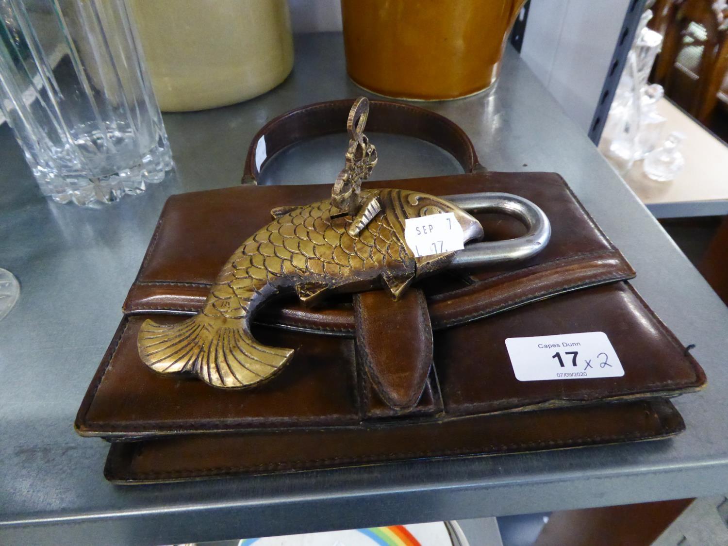 BROWN LEATHER HANDBAG AND A FISH PATTERN PADLOCK AND KEY (2)