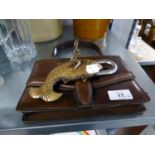 BROWN LEATHER HANDBAG AND A FISH PATTERN PADLOCK AND KEY (2)