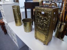 AN EMBOSSED BRASS RECTANGULAR STICK STAND, A CIRCULAR STICK STAND AND A SMALL WASTE BIN