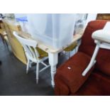 A WHITE PAINTED WOOD KITCHEN TABLE WITH PINE TOP, TURNED TAPERING LEGS, 3? SQUARE AND A PAIR OF