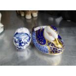 ROYAL CROWN DERBY CHINA DUCK PATTERN PAPERWEIGHT AND A BLUE AND WHITE CHINA EGG SHAPED SMALL BOX AND
