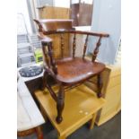 A HARDWOOD ?CAPTAINS? CHAIR WITH PANEL SEAT, ON TURNED LEGS WITH ?H? STRETCHER RAILS