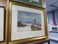 AN OIL PAINTING OF A COUNTRY LANE WITH BUILDING, TREES AND A FIGUREBY MICHAEL CURGENVEN (38cm x