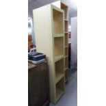 A PALE WOOD EFFECT MELAMINE OPEN SHELF UNIT OF FOUR  TIERS, 1?5 ½? WIDE, 5?11? HIGH; A PERSPEX