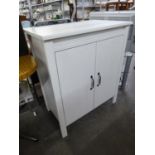 A WHITE FINISH TWO DOOR SMALL CUPBOARD