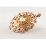 9ct GOLD OVAL PENDANT, the fancy domed front mounted in the centre with a baroque pearl, the