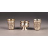 PAIR OF ENGRAVED RUSSIAN SILVER COLOURED METAL WINE BEAKERS, 0.84 standard, with gilt interiors,