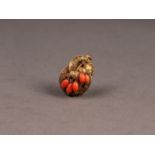 VICTORIAN GOLD COLOURED METAL ENTWINED FOLIATE SCROLL PATTERN PENDANT, with five wired on coral '