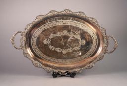 TWO HANDLED ELECTROPLATED OVAL TEA TRAY, with pierced, wavy border and foliate engraved centre,