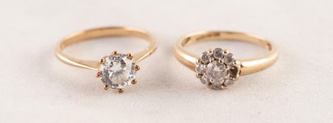 9ct GOLD RING SET WITH A SOLITAIRE CUBIC ZIRCONIA and a 9ct GOLD DAISY CLUSTER RING (one small stone