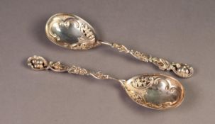 VICTORIAN SILVER PAIR OF SERVING SPOONS WITH FANCY PIERCED HANDLES BY WILLIAM HUTTON & SONS Ltd,
