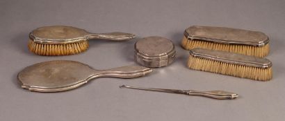 SIX PIECE FOREIGN SILVER COLOURED METAL DRESSING TABLE SET, 800 standard, comprising: THREE BRUSHES,