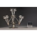 EARLY 20th CENTURY ELECTROPLATED TABLE EPERGNE with four removable cut glass receivers, engraved