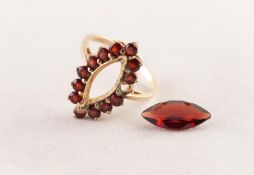 9ct GOLD MARQUISE SHAPED RING with centre marquise shaped garnet and surround of thirteen small,