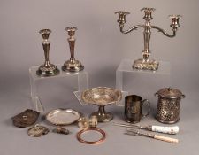 MIXED LOT OF ELECTROPLATE, to include: THREE LIGHT CANDELABRUM, PAIR OF CANDLESTICKS, PRESENTATION