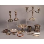 MIXED LOT OF ELECTROPLATE, to include: THREE LIGHT CANDELABRUM, PAIR OF CANDLESTICKS, PRESENTATION