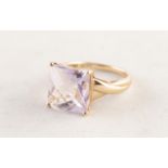 9ct GOLD DRESS RING with a large square white stone in a four claw setting, 4.5 gms, ring size Q