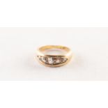 VICTORIAN GOLD RING WITH A LOZENGE SHAPED SETTING OF FIVE OLD CUT DIAMONDS, graduated from the