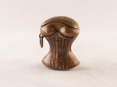 VICTORIAN BRONZE NOVELTY VESTA BOX in the form of a lady's torso wearing a corset, the hinged top