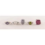 SILVER AND GARNET NINE STONE CLUSTER RING and 4 other silver and stone set RINGS (5)