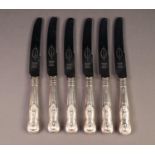 SET OF SIX KINGS PATTERN AFTERNOON TEA KNIVES WITH FILLED SILVER HANDLES, (6)