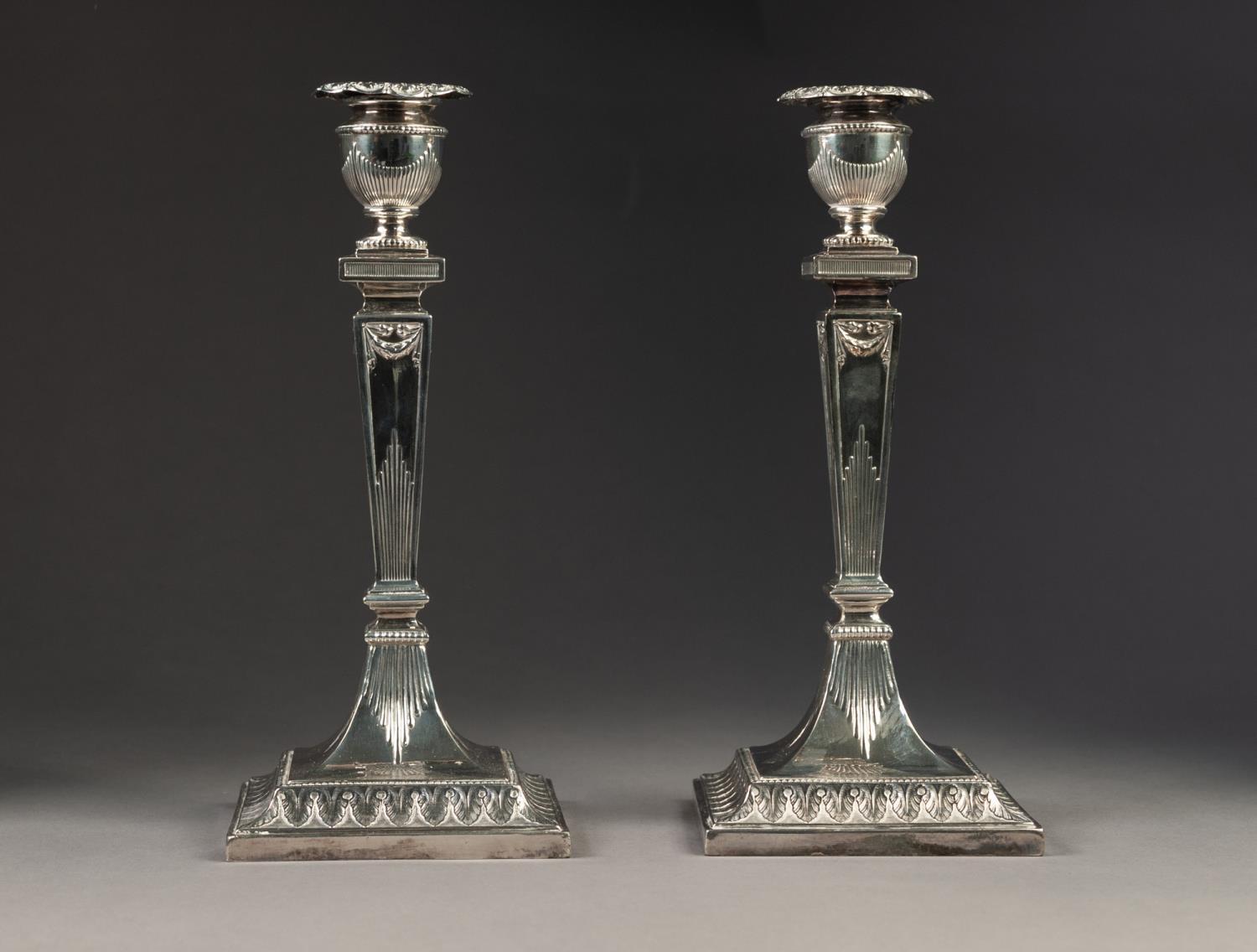 PAIR OF ELEGANT ADAM STYLE ELECTROPLATED TABLE CANDLESTICKS, each with an urn shaped sconce,