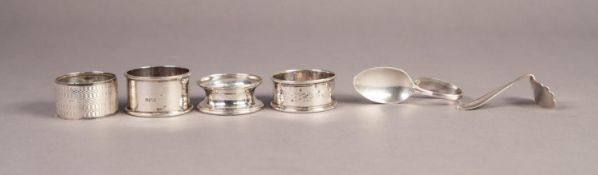 SILVER ENGINE TURNED CIRCULAR NAPKIN RING, Chester 1926; THREE SILVER NAPKIN RINGS, various dates