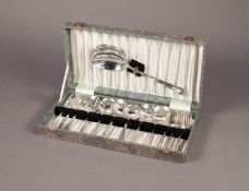 PAIR OF ELECTROPLATED GRAPE SHEARS, in WHITEHILL CASE, together with CRUMB SCOOP with silver