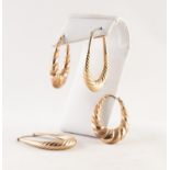 TWO PAIRS OF 9ct GOLD LARGE HOOP EARRINGS, spirally lobed, 7.5 gms (4)